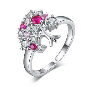 Anillo de Plata de Ley 925 Árbol de la Vida Diamante Rosa