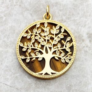 Ojo de Tigre Colgante de Oro Árbol de la Vida en Plata de Ley 925