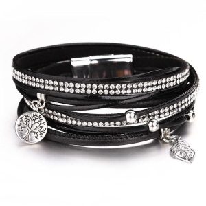 Árbol de la Vida Pulsera Mujer Cuero Negro